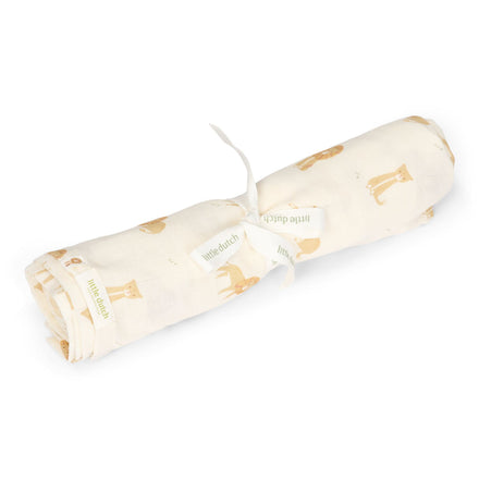 Little Dutch Swaddle Hydrofiele Doek Safari Leo, de hydrofiele doek uitgevouwen met leeuwenprint