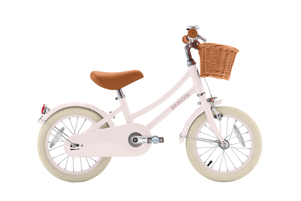 Banwood fiets Classic Vintage 14 inch pink met afneembare rotan mand, gevonden bij De Gele Flamingo.