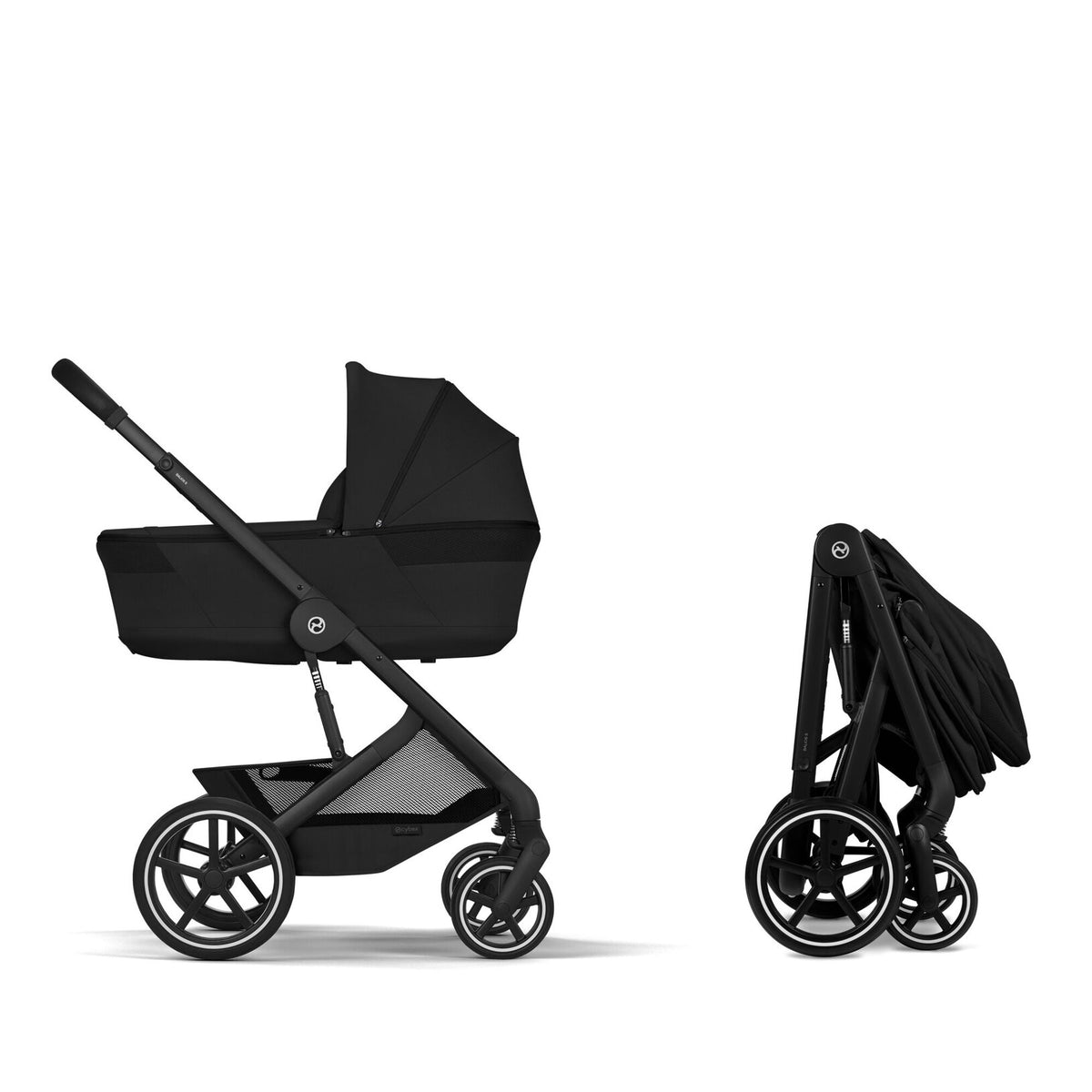 CYBEX Balios S Lux Moon Black met zwart frame en Foldable Carry Cot, De Gele Flamingo