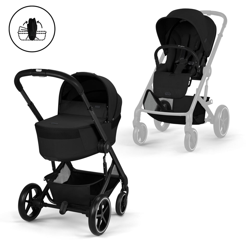 CYBEX Balios S Lux Moon Black met zwart frame en Foldable Carry Cot, De Gele Flamingo