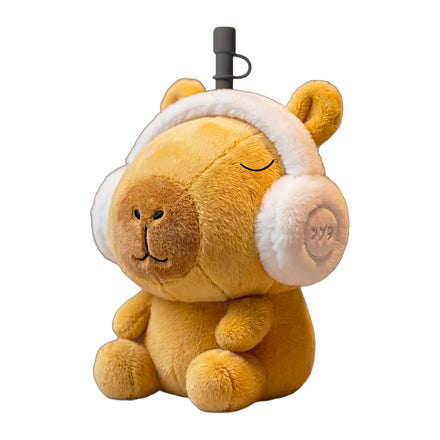 Asobu Fuzzie Capybara knuffel drinkbeker, een goudgele capybara met een witte pluizige koptelefoon