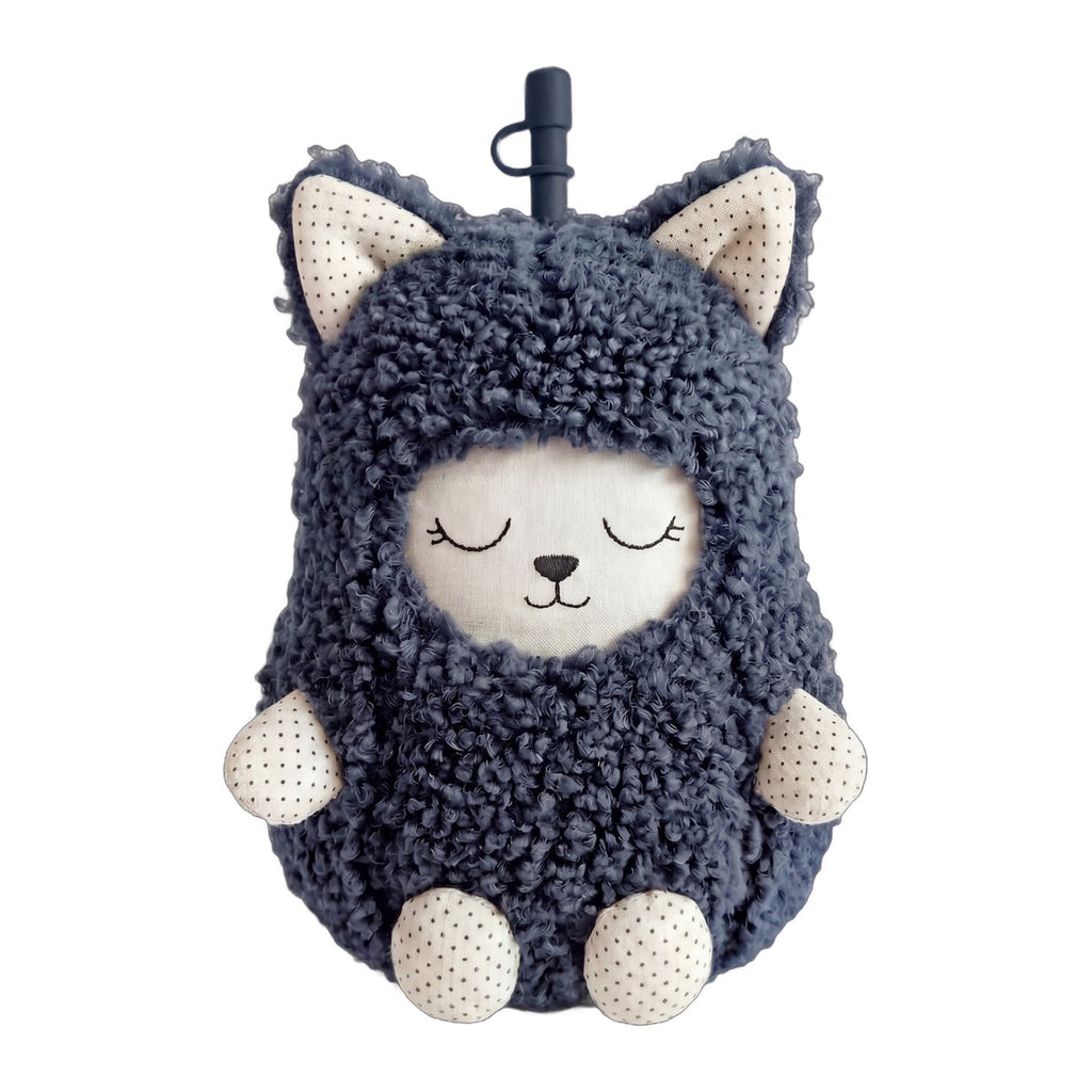 Asobu Fuzzie Kat knuffel drinkbeker, een donkerblauw poesje met krullende vacht en gestipte pootjes