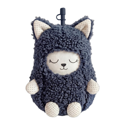 Asobu Fuzzie Kat knuffel drinkbeker, een donkerblauw poesje met krullende vacht en gestipte pootjes