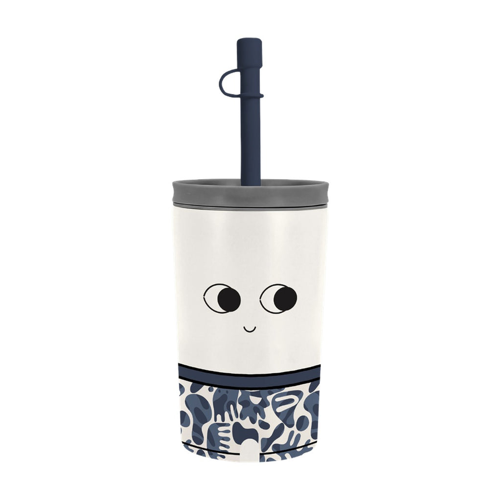 Uitneembare RVS-beker van de Asobu Fuzzie Kat, wit met een donkerblauwe print onderaan