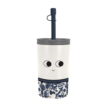Uitneembare RVS-beker van de Asobu Fuzzie Kat, wit met een donkerblauwe print onderaan