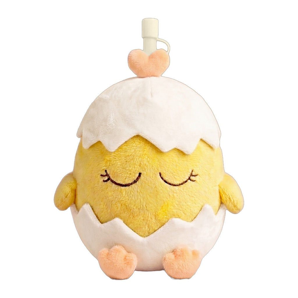 Asobu Fuzzie Kuikentje knuffel drinkbeker, een geel kuikentje dat half uit zijn eierschaal kruipt, met een hartje bovenop