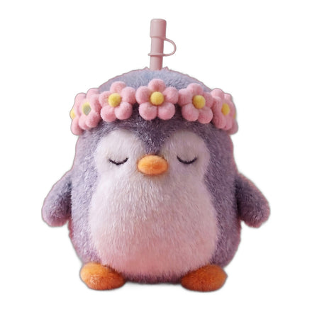 Asobu Fuzzie Pinguïn knuffel drinkbeker, een zachte grijze pinguïn met een kroontje van roze bloemetjes