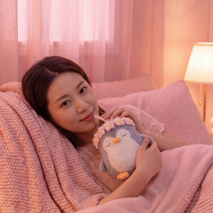 Asobu Fuzzie Pinguïn knuffel drinkbeker in gebruik met rietje