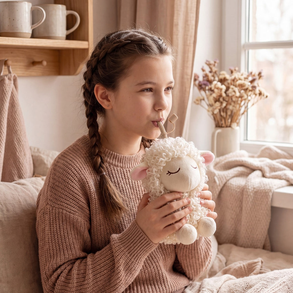 Asobu Fuzzie Schaap knuffel drinkbeker in gebruik met rietje