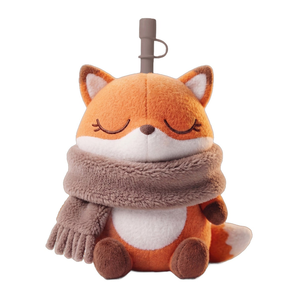 Asobu Fuzzie Vos knuffel drinkbeker, een oranje vosje met een dikke bruine sjaal