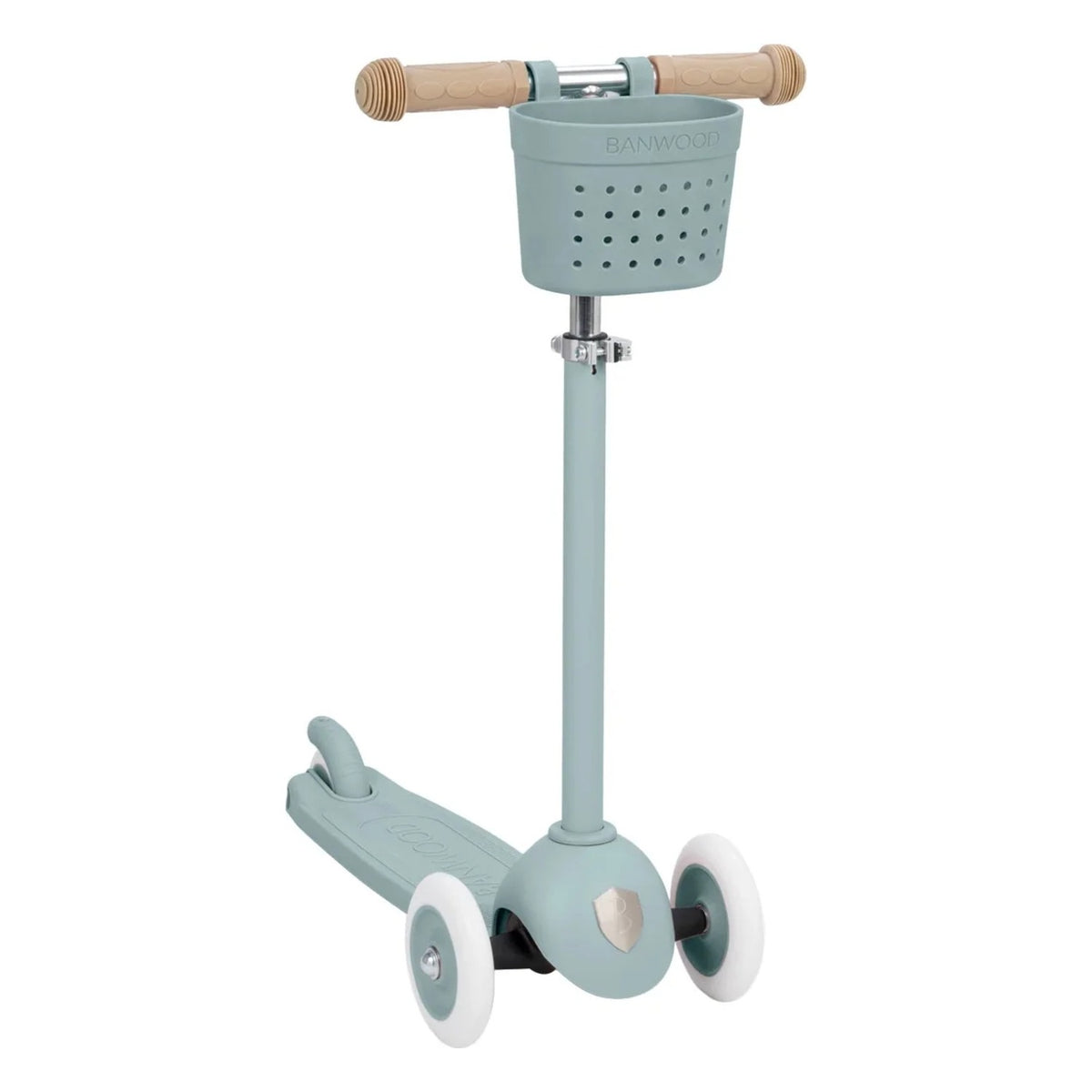 Banwood Eco Scooter step in Teal met 3 wielen en bijpassend Pin & Ride mandje, bij De Gele Flamingo