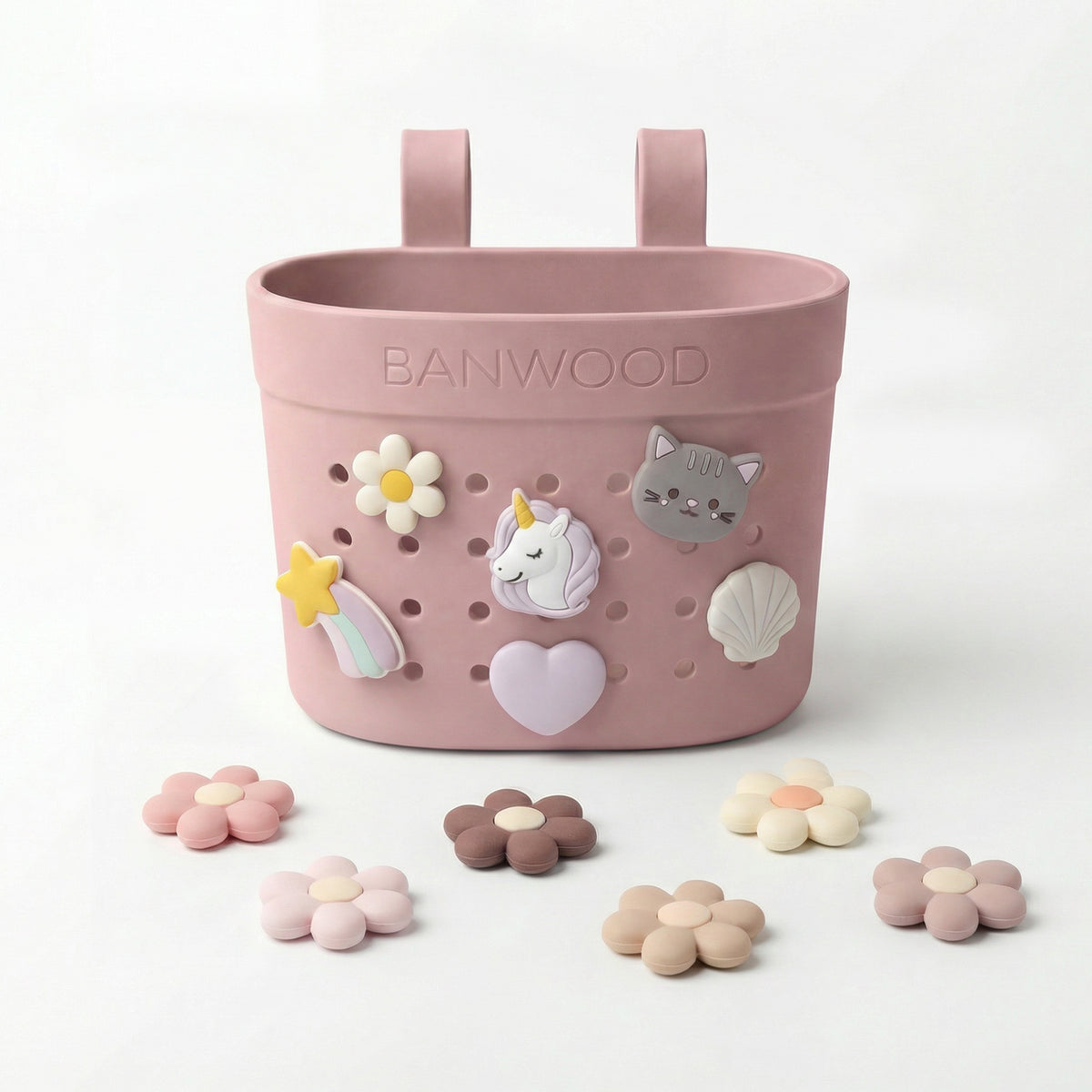 Banwood Fietsmandje Pin & Ride Dusty Rose, fietsmandje voor kinderen bij De Gele Flamingo