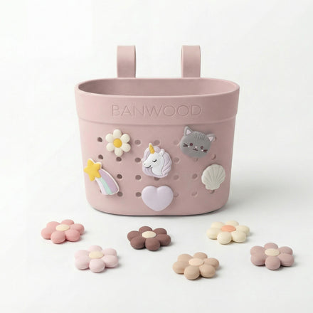 Fietsmandje Pin & Ride Faded Pink van Banwood past ook op een stepje, bij De Gele Flamingo