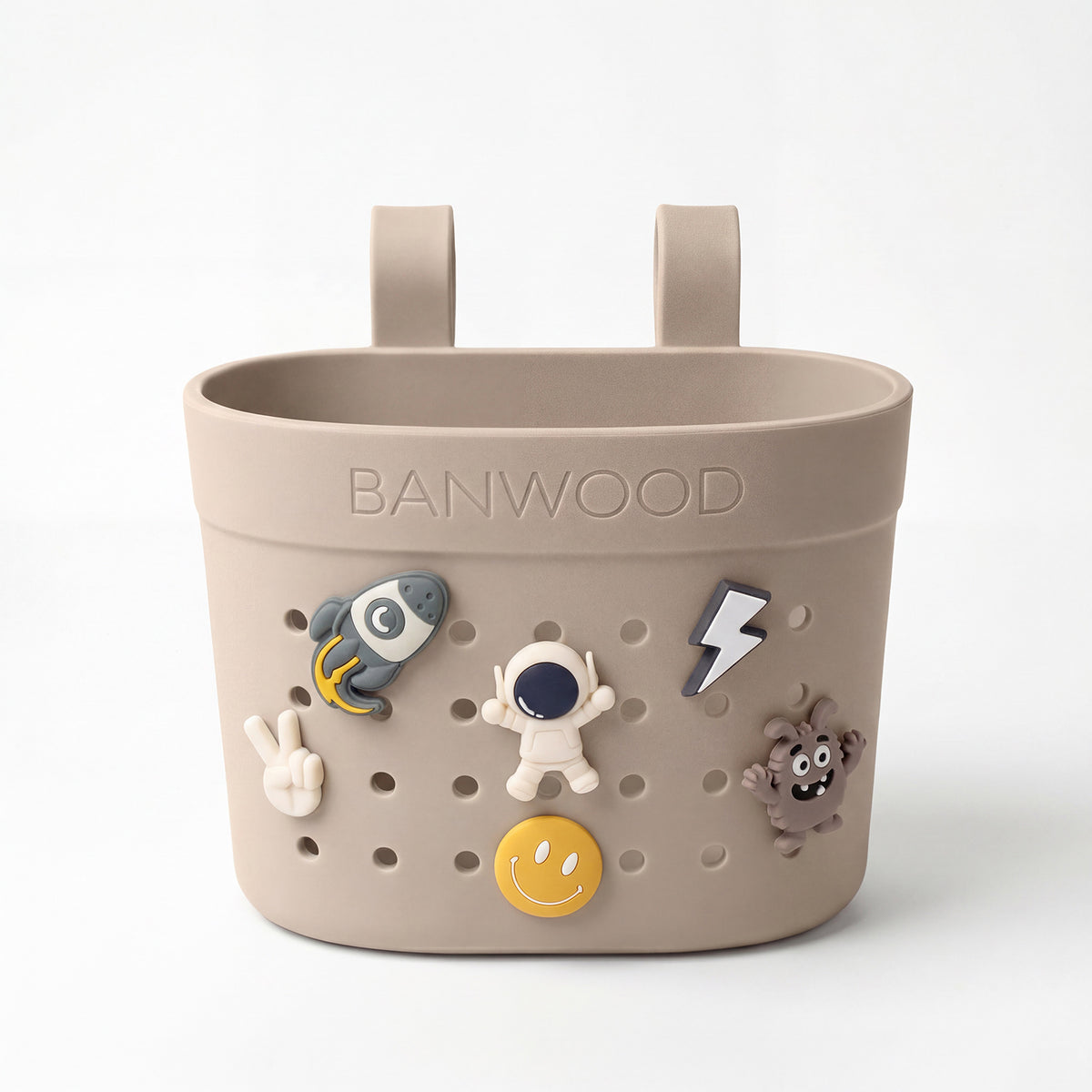Banwood Pins voor Fietsmandje Space met raketten en sterren, te koop bij De Gele Flamingo.