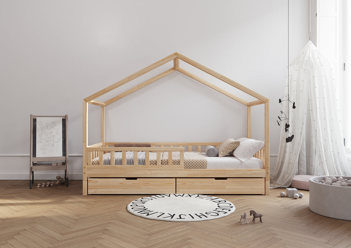 De Gele Flamingo bedhuisje Amsterdam met lades, kinderbed in huisvorm van grenen