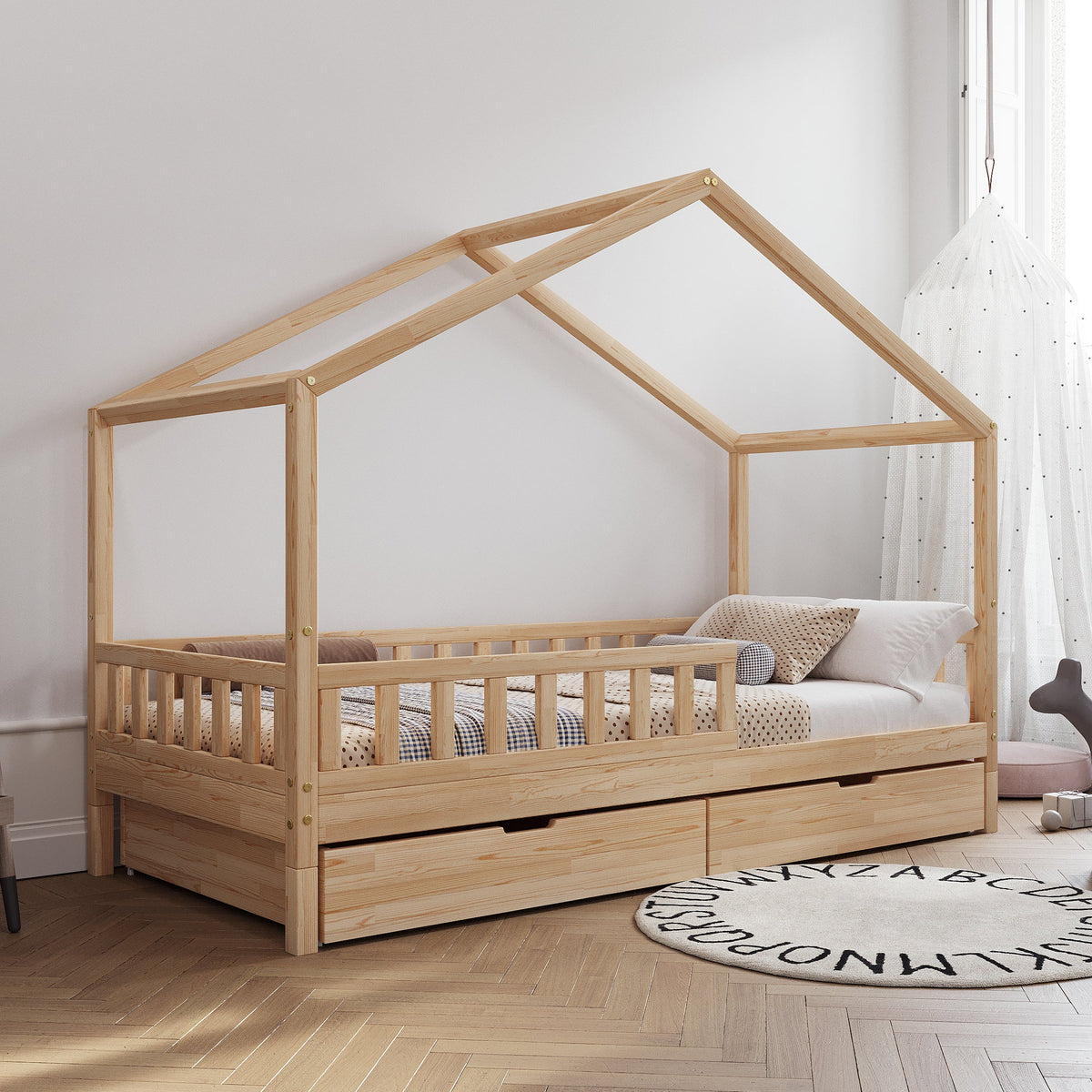 De Gele Flamingo bedhuisje Amsterdam met lades, kinderbed in huisvorm van grenen