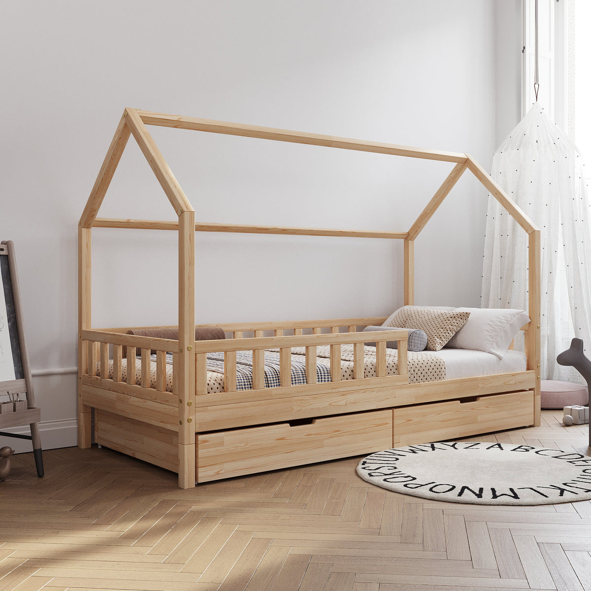 De Gele Flamingo bedhuisje Antwerp met lades, houten kinderbed met opbergruimte