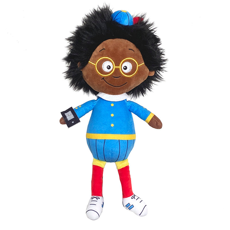 De Spiekpietjes Pop Max, knuffelpop met zwart piekjeshaar en gele bril