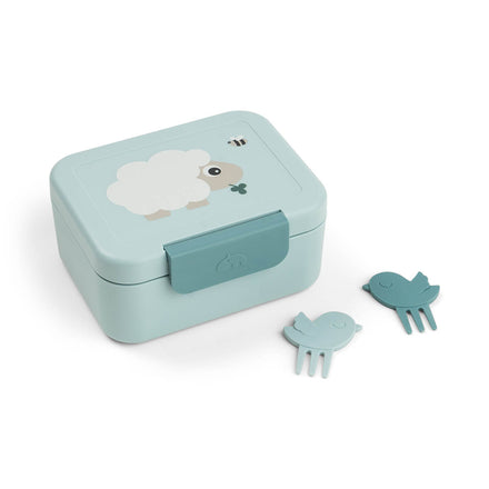 Done By Deer kleine lunchdoos met snackprikkers in Tiny Farm Blue, gesloten