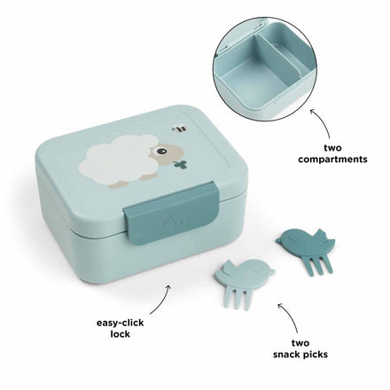 Detail van de kliksluiting van de blauwe Tiny Farm lunchdoos