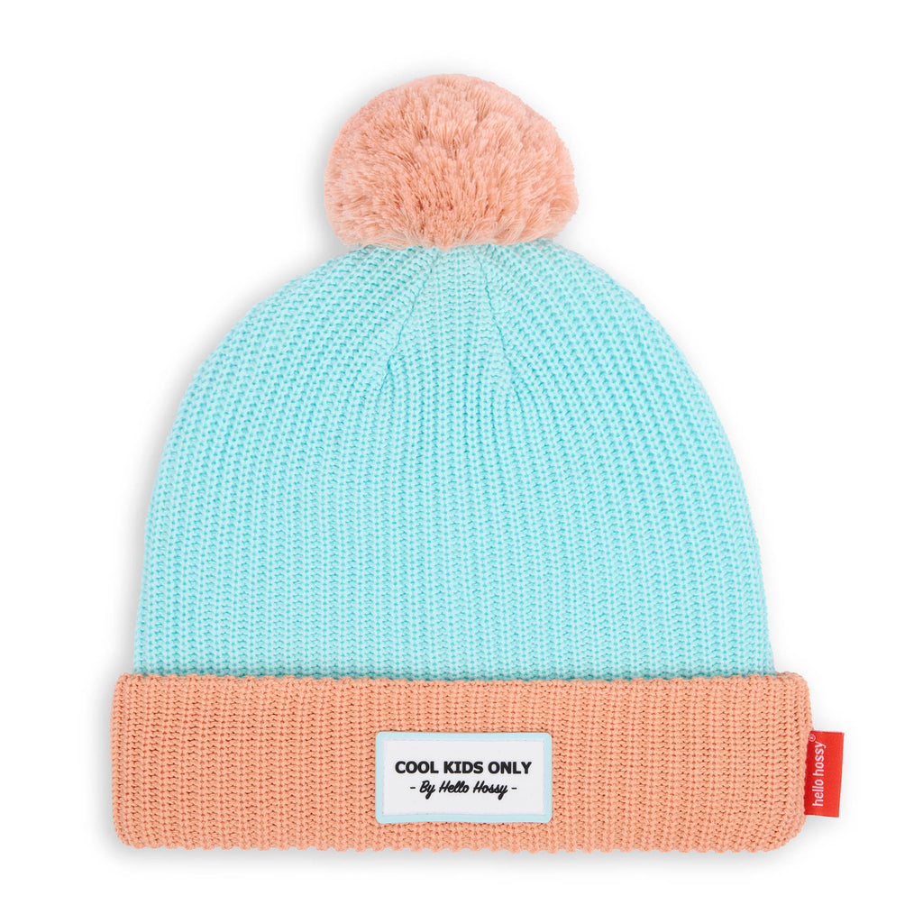 Hello Hossy muts Color Block Candy, lichtblauwe muts met zalmroze boord en pompon