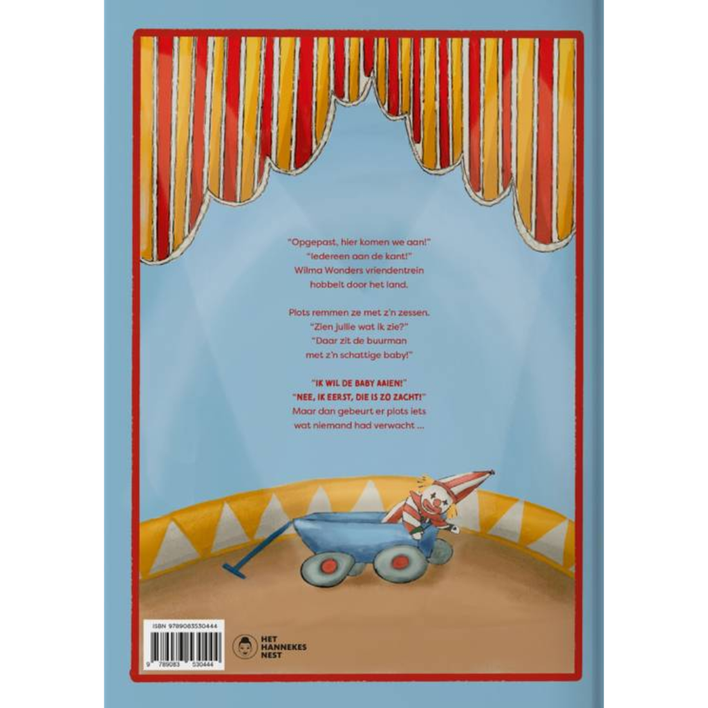 Achterkant van het kinderboek Wilma Wonder en de Circusbaby met circustent en kinderwagen