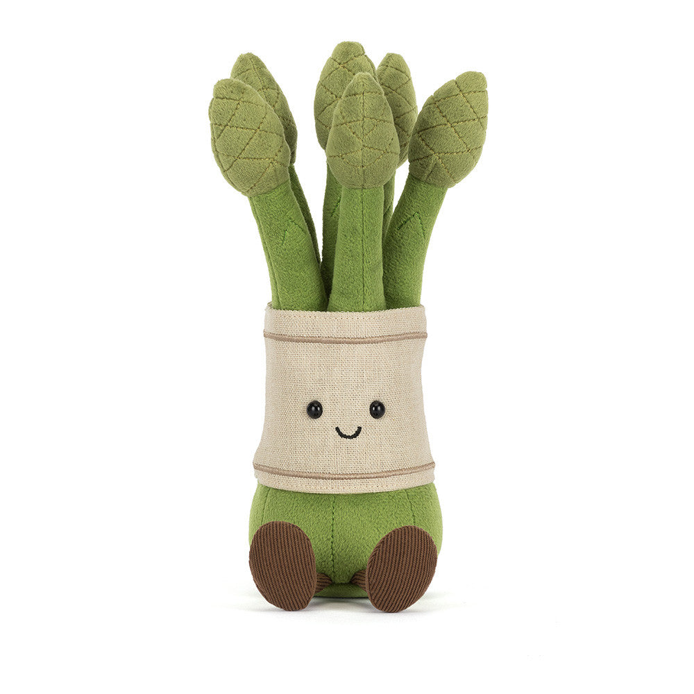Jellycat Amuseables Asparagus, vooraanzicht van het bosje asperges met gezichtje