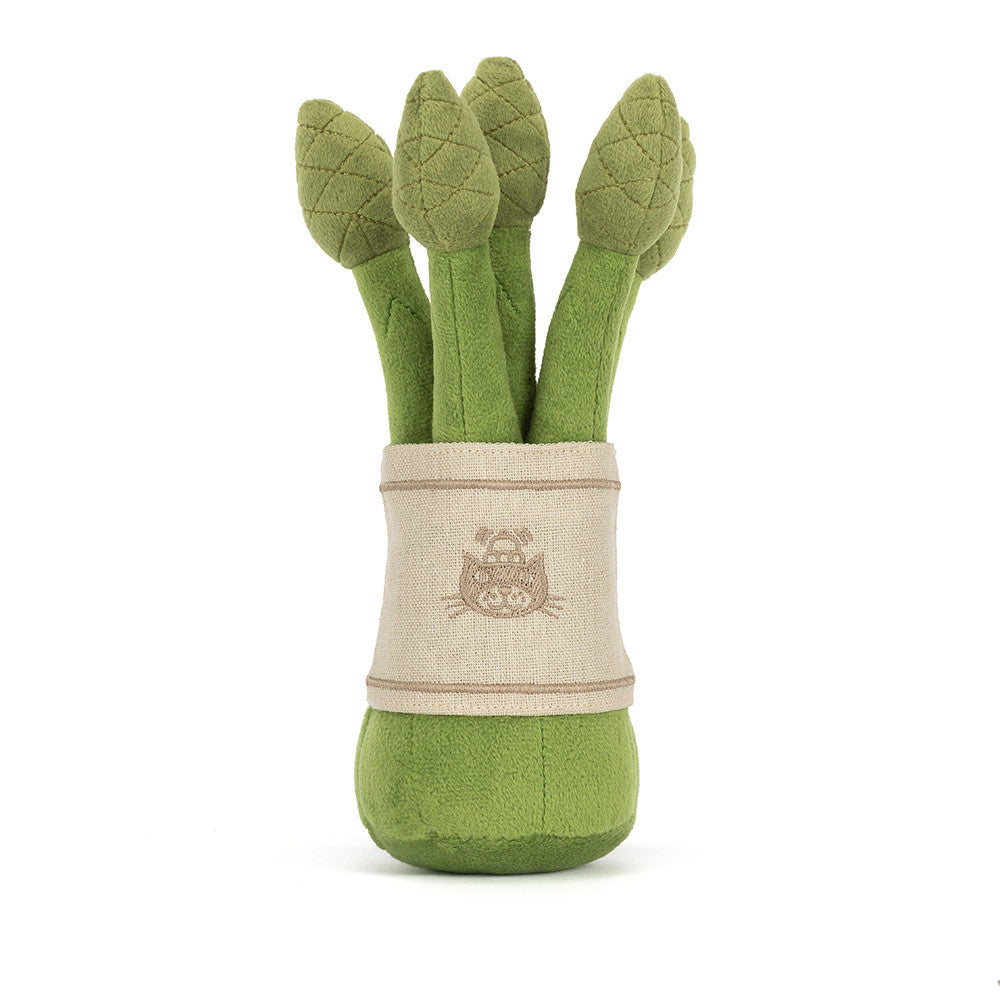 Jellycat Amuseables Asparagus, vooraanzicht van het bosje asperges met gezichtje