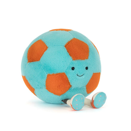 Jellycat Amuseables Jellycat Football, vooraanzicht van de turquoise-oranje voetbal met gezichtje