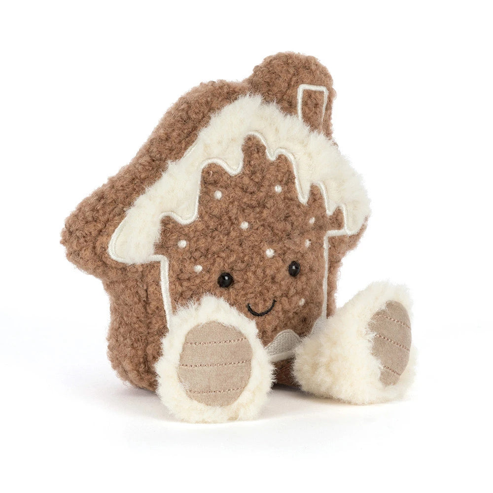 Jellycat Amuseables Molasi Cookie, vooraanzicht van het knuffel peperkoekhuisje