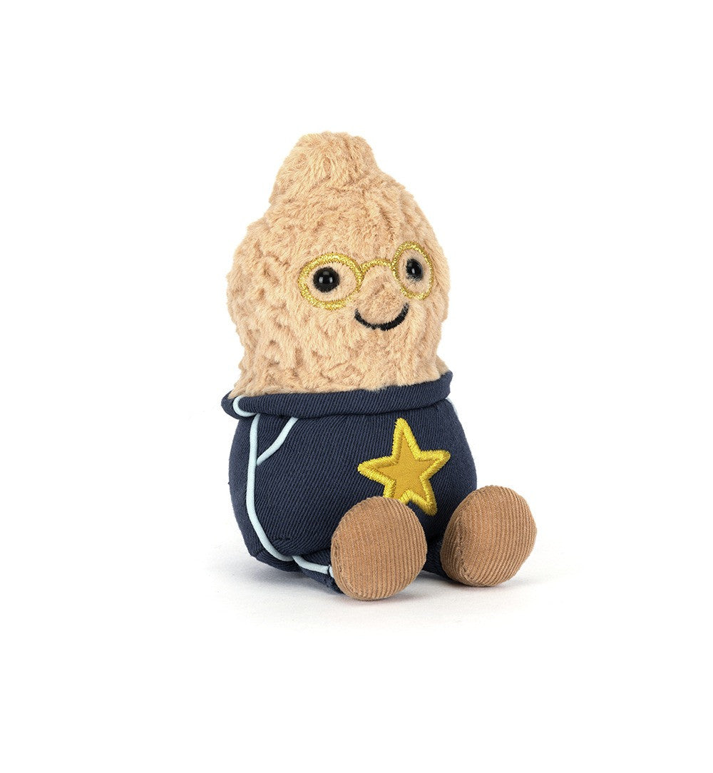 Jellycat Amuseables Peanut Star Student, vooraanzicht van het pindaatje in blauw pakje met ster