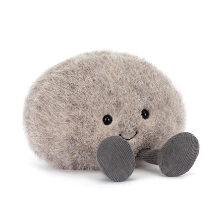 Jellycat Amuseables Pebble, vooraanzicht van het grijze steentje met beentjes