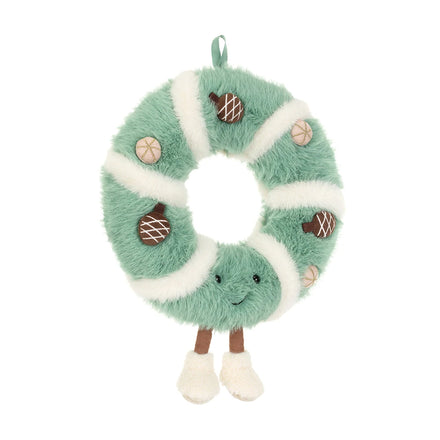 Jellycat Amuseables Pinecone Wreath, vooraanzicht van de groene knuffel kerstkrans