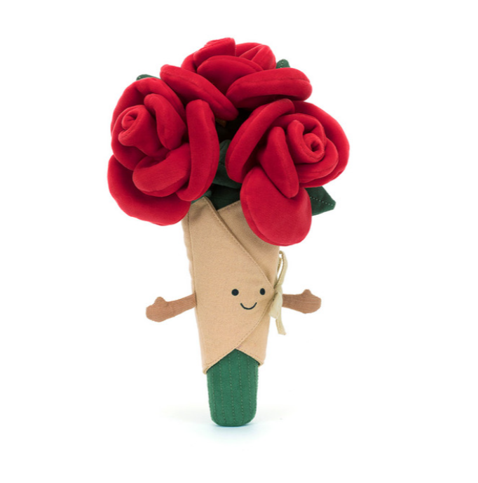 Jellycat Amuseables Rose Bouquet, vooraanzicht met rode rozen en gezichtje