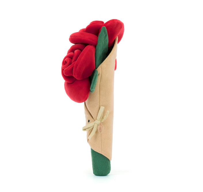 Jellycat Amuseables Rose Bouquet, vooraanzicht met rode rozen en gezichtje