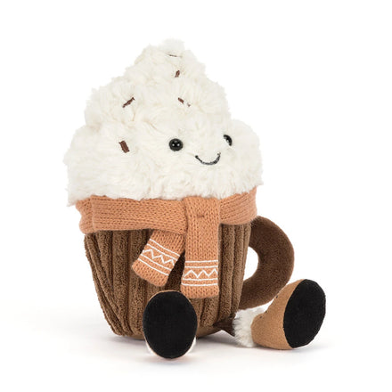 Jellycat Amuseables Scarffles Hot Chocolate, vooraanzicht van de knuffelbeker met sjaal