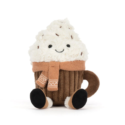 Jellycat Amuseables Scarffles Hot Chocolate, slagroom en vrolijk gezichtje van voren