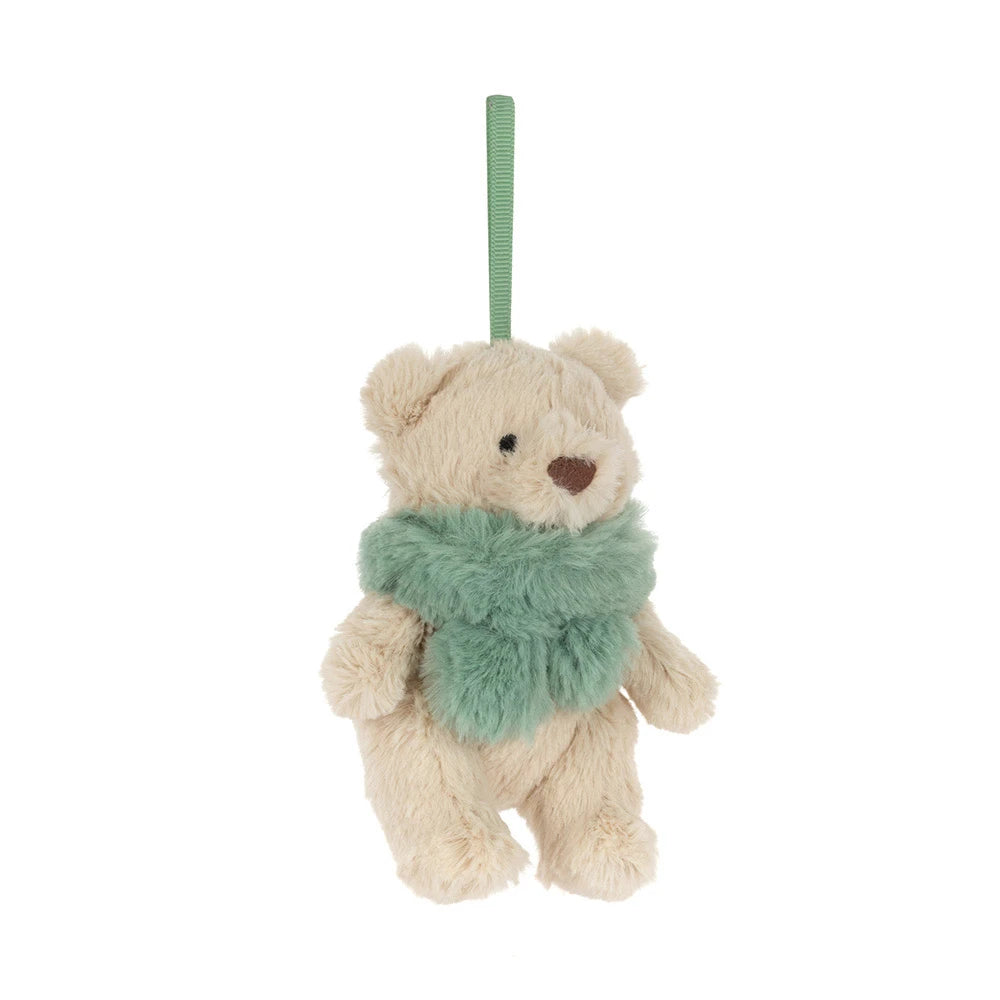 Jellycat Bartholomew Bear Jr. Winter Warmer kerstdecoratie, lichtbeige beertje met groene sjaal