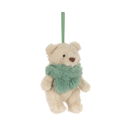 Jellycat Bartholomew Bear Jr. Winter Warmer kerstdecoratie, lichtbeige beertje met groene sjaal