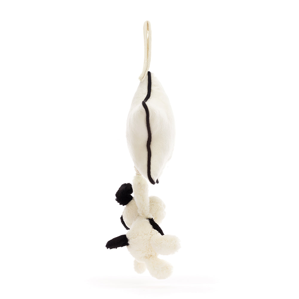 Jellycat Bashful Black & Cream Puppy Musical Pull, ster met puppy vooraanzicht