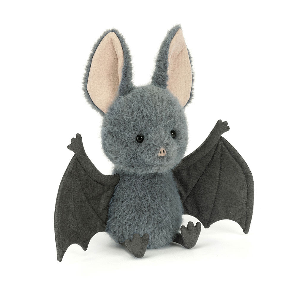 Jellycat Broox Bat, vooraanzicht van de grijze vleermuis met gespreide vleugels