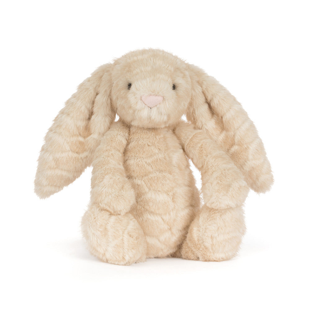 Jellycat Franilla Luxe Bunny, vooraanzicht van het crèmekleurige konijn
