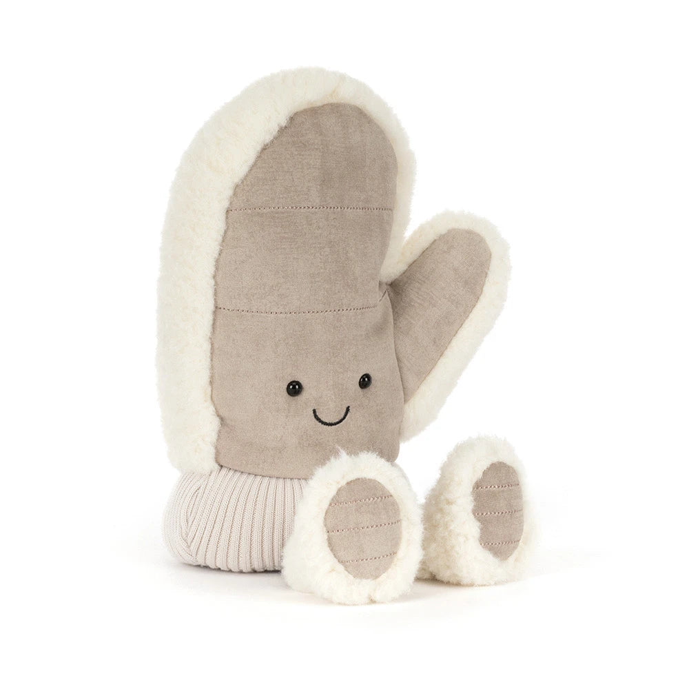 Jellycat Amuseables Fitswell Mitten, vooraanzicht van de crème want met gezichtje