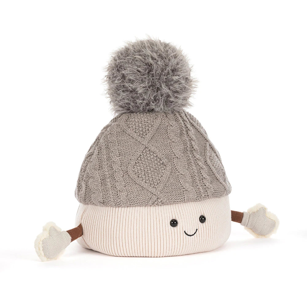 Jellycat Amuseables Pomilly, vooraanzicht van de grijze muts met pompon en gezichtje