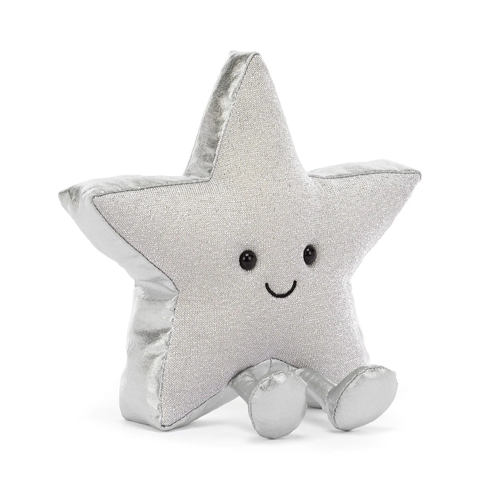 Jellycat Amuseables Silver Star, vooraanzicht van de zilveren ster met gezichtje