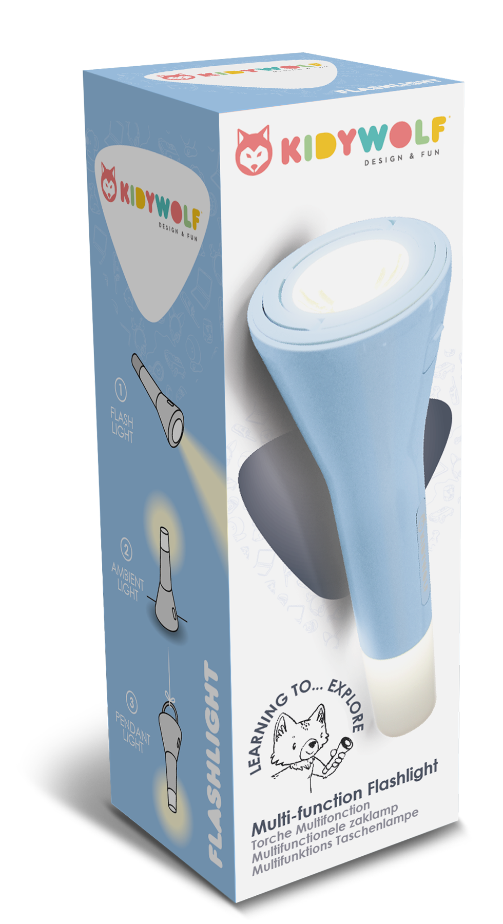 Kidywolf zaklamp voor kinderen blauw, liggend productbeeld