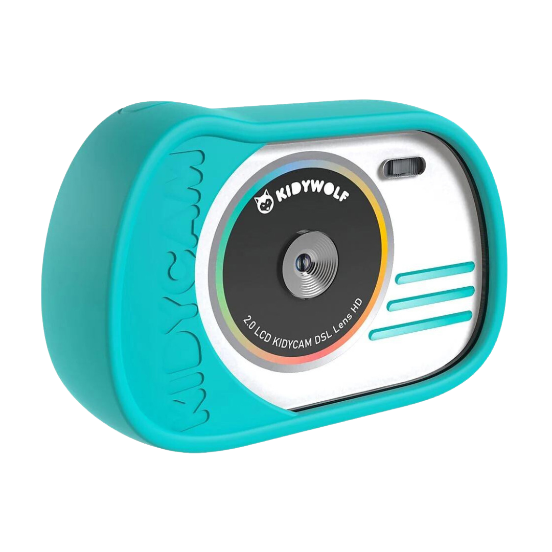 Kidywolf Kidycam waterdichte kindercamera cyaan, vooraanzicht met lens