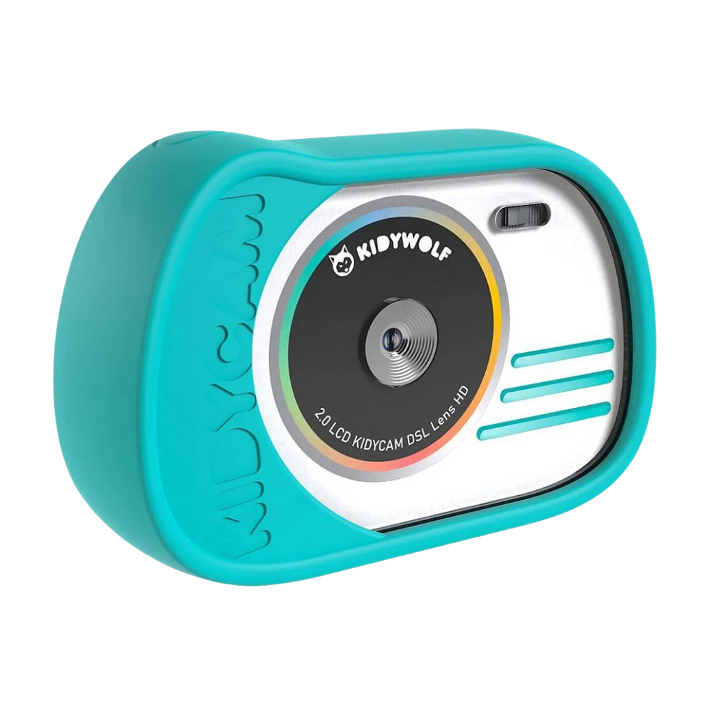 Kidywolf Kidycam waterdichte kindercamera cyaan, vooraanzicht met lens