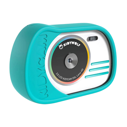 Kidywolf Kidycam waterdichte kindercamera cyaan, vooraanzicht met lens