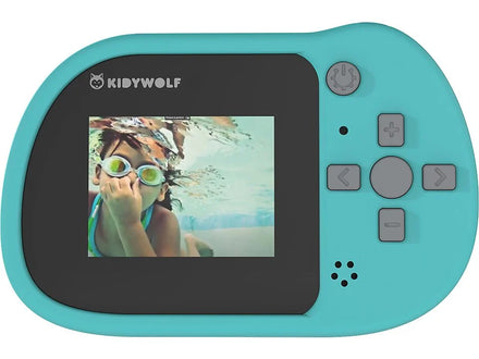 Kidywolf Kidycam cyaan, achterkant met scherm en bedieningsknoppen